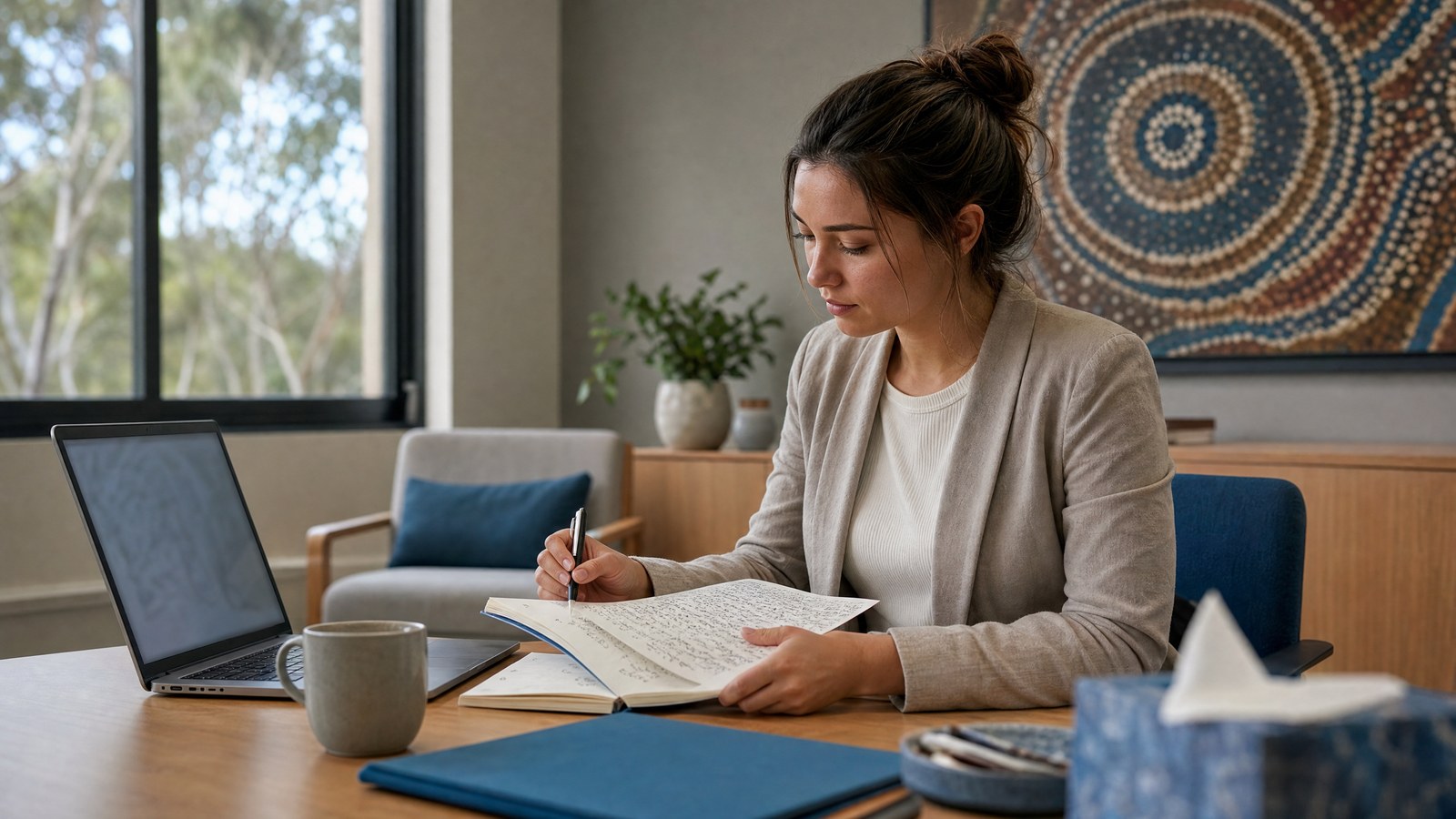 A provisional psychologist reviewing structured learning module materials and taking notes in a calm, contemporary Australian training room